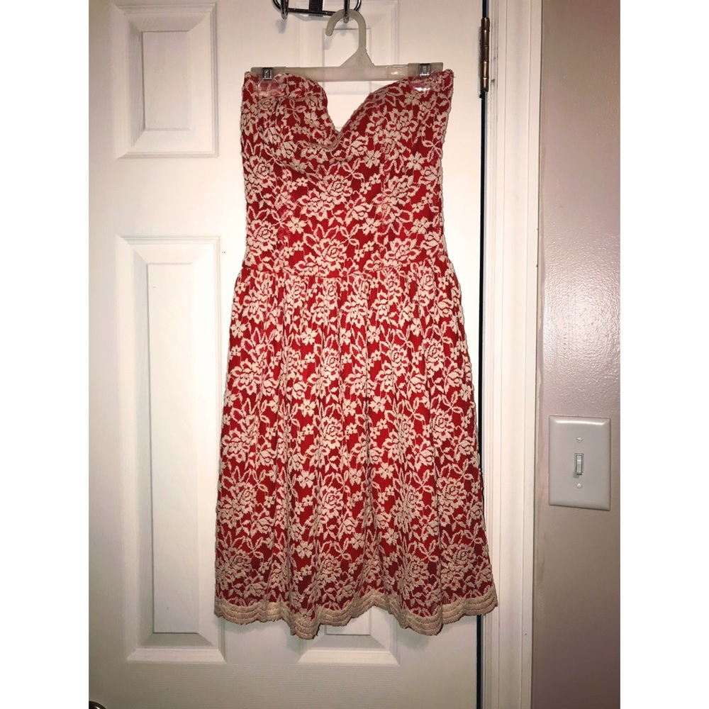 Strapless red floral summer dress